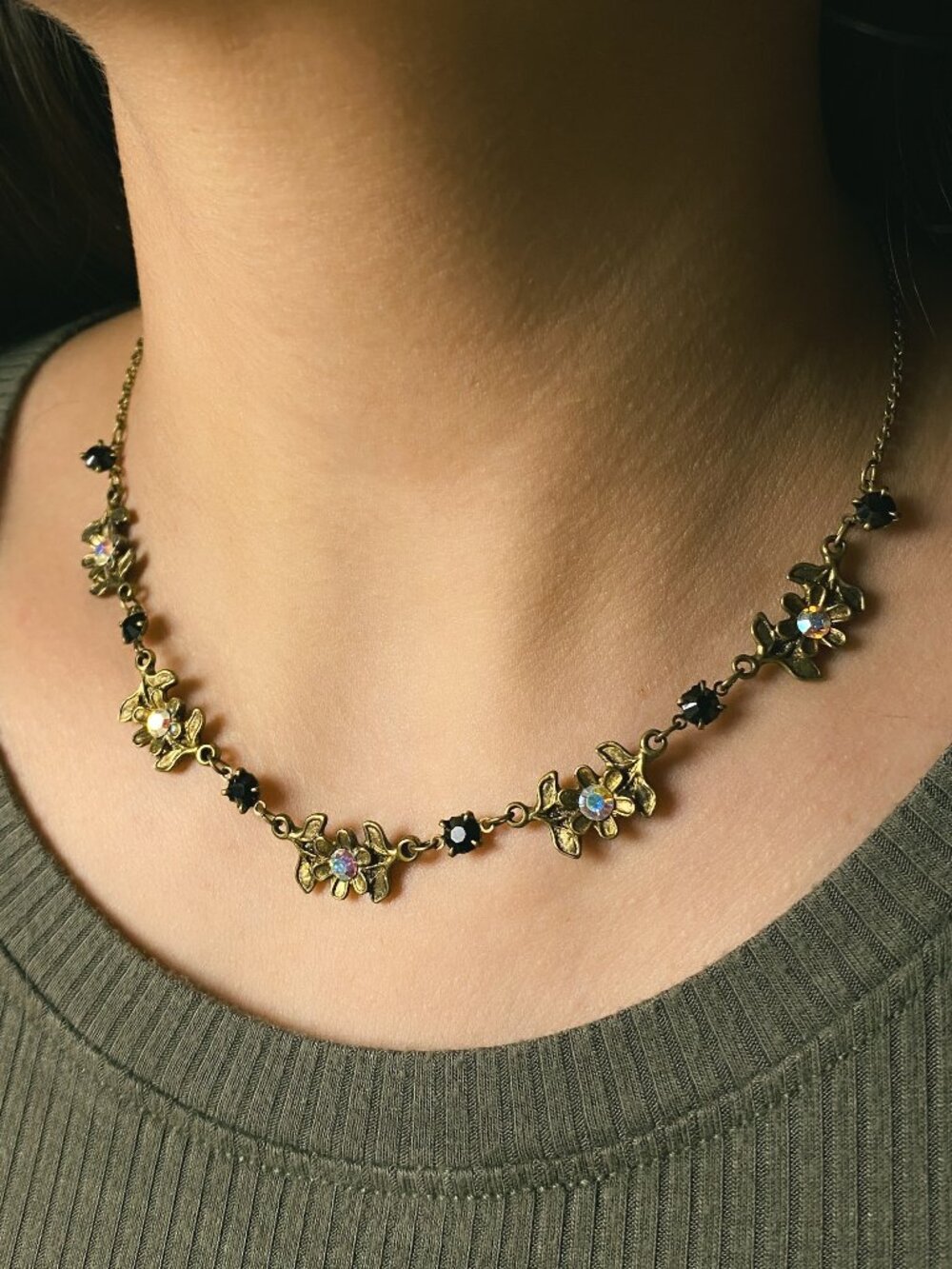 Michal Negrin Crystal Floral Vine Cottage Fairy Fantasy Brass Choker Necklace